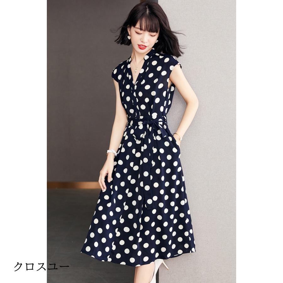 ワンピース レディース 春 夏 ロングワンピース ネイビースカート ドット柄 マキシ丈 通勤着 可愛い 体型カバー 着痩せ 30代 40代 50代 結婚式