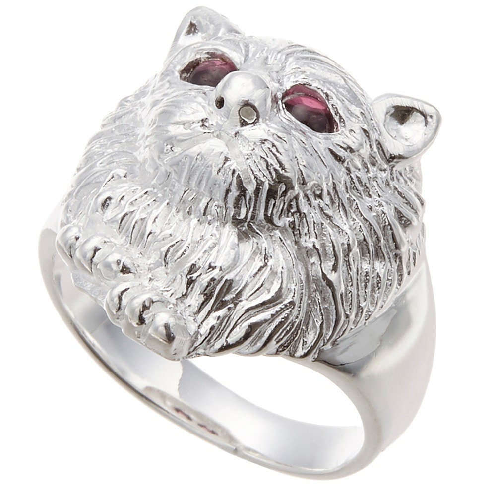 シルバー925製 毛並みまで再現されたネコのリング ガーネット 天然石 動物 アニマルモチーフ 猫