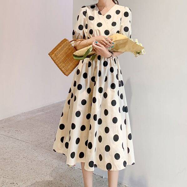 2color ミモレ丈 スタイルアップ ママ パフスリーブ 半袖 おしゃれ ワンピース カシュクール 体型カバー ミモレ レディース ウエストマーク 着痩せ ドット お洒落 ハイウエスト オシャレ 夏