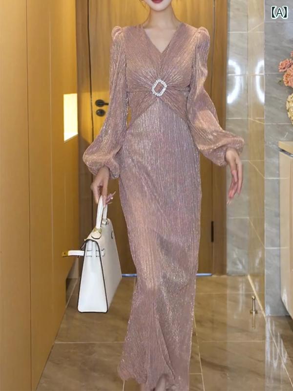 レディース　ドレス　ワンピース 高級 感の ある 淑女 風の 秋服 おしゃれで 万能な ミディアム 丈 ウエスト 痩せ Vネック 長袖 スカート