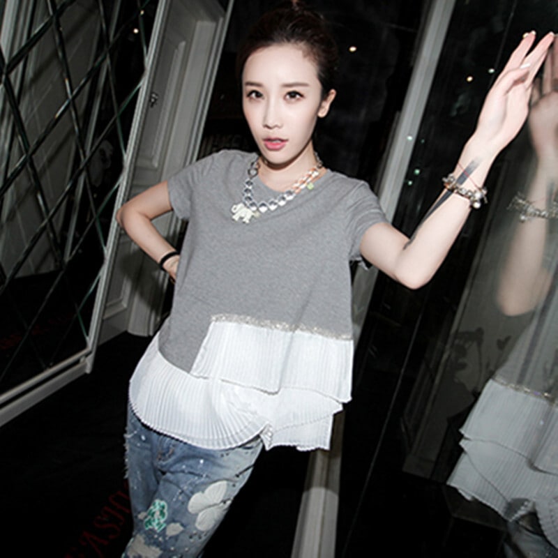 トップス デート Tシャツ カットソー 白トップス 袖あり 半袖 クルーネック 襟なし セミフレア 切り替えデザイン ドッキング プリーツ レース シフォン フリル 切り替えデザイン ドッキング