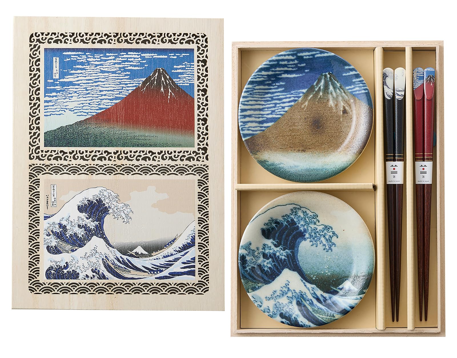 山勝美濃陶苑 「 Hokusai 葛飾北斎 Ukiyo-e 富岳三十六景 」 ペア 小皿 箸 木製ギフト箱入 食器セット 皿 径12×2cm 箸 23cm 浮世絵器行 神奈川沖浪裏 凱風快晴 赤富士