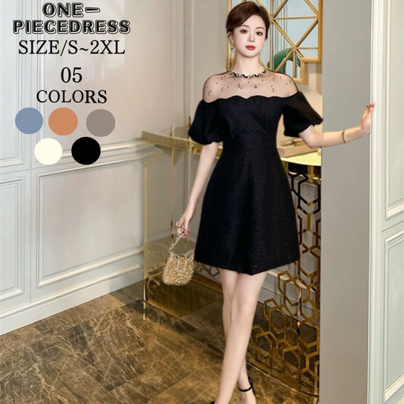 ワンピスドレス　Aラインワンピース　オフショルダードレス　パーティードレス　ミニ丈ワンピース　フォーマル　襟ビーズ付き　姫系　セクシー上品 大人 きれいめ キャバ嬢　お水　結婚式 20代 30代 40