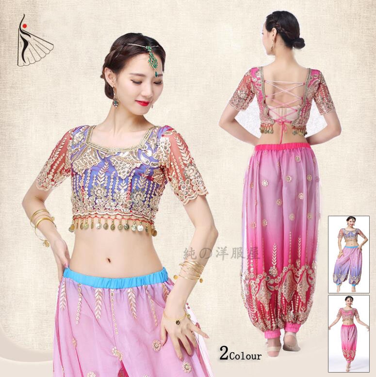 ベリーダンス衣装 上下2点セット レディース アラビアン衣装 コスチューム 半袖 ショート丈トップス サルエル アラジンパンツ 背中レッスアップ セクシー系 アラジン ジャスミン風ダンス衣装 コスプレ