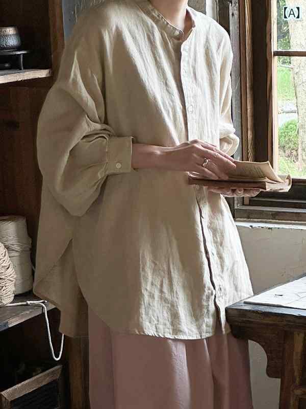 レディース　　シャツ　トップス FURALI 栗 色 リネンシャツ クラシック ランタン スリーブ フレンチ トップス セット バイ エントリー 001 A