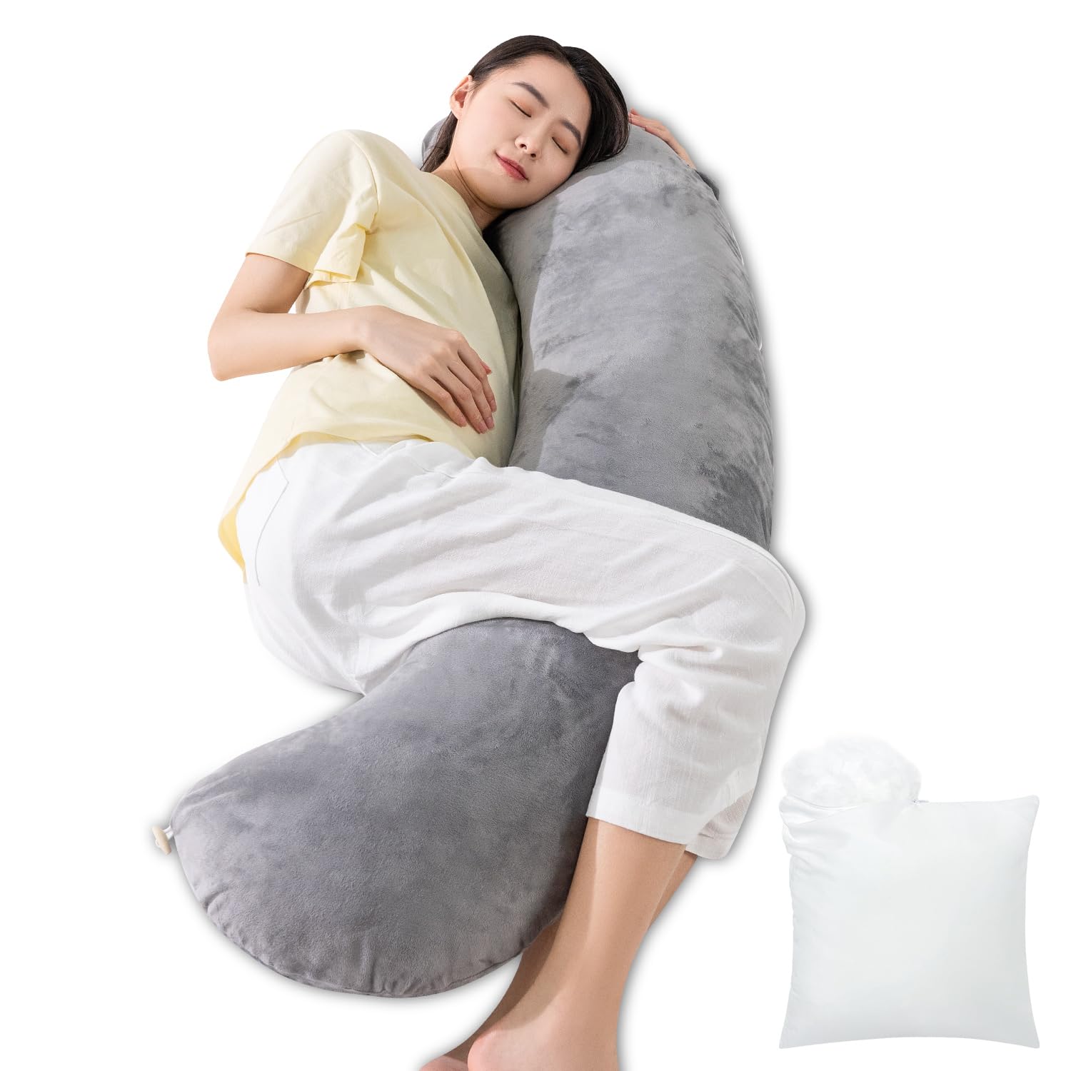 抱き枕 だきまくら 妊婦 授乳クッション マタニティ枕 授乳枕 補充綿200ｇ付き ボリューム調整可 ベロア生地 カバーのみ洗える 大きいサイズ 長さ約130cm 妊娠祝い 母の日プレゼント グレー