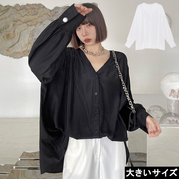 大きいサイズレディースオーバーシャツ前あきブラウスVネック長袖LL3L4L5L6Lブラックホワイト でもブラウス 今っぽシアーシャツ