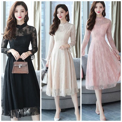 3色リーフ柄 繊細レース フリル ハイネック フレアワンピース 長袖 ミディアム 結婚式 二次会