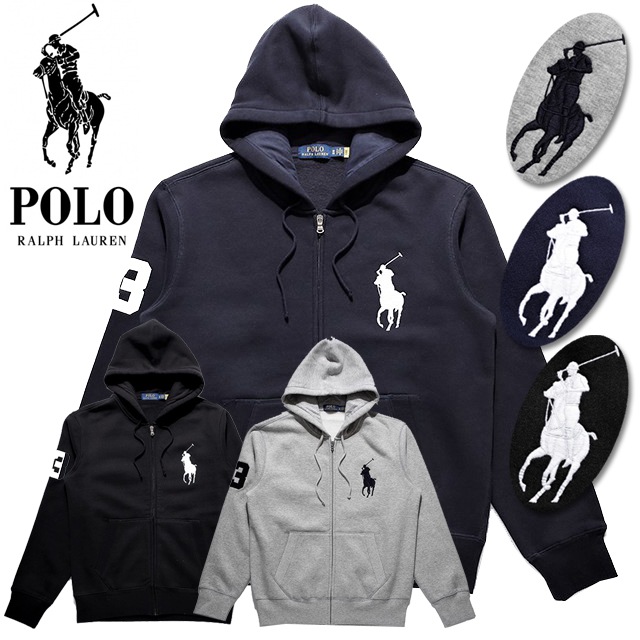 本物保証 ラルフ メンズ 裏起毛（裏フリース地） フルジップ フーデッド パーカー スウェット ビッグポニー ＆ No.3 ししゅう 3カラー展開