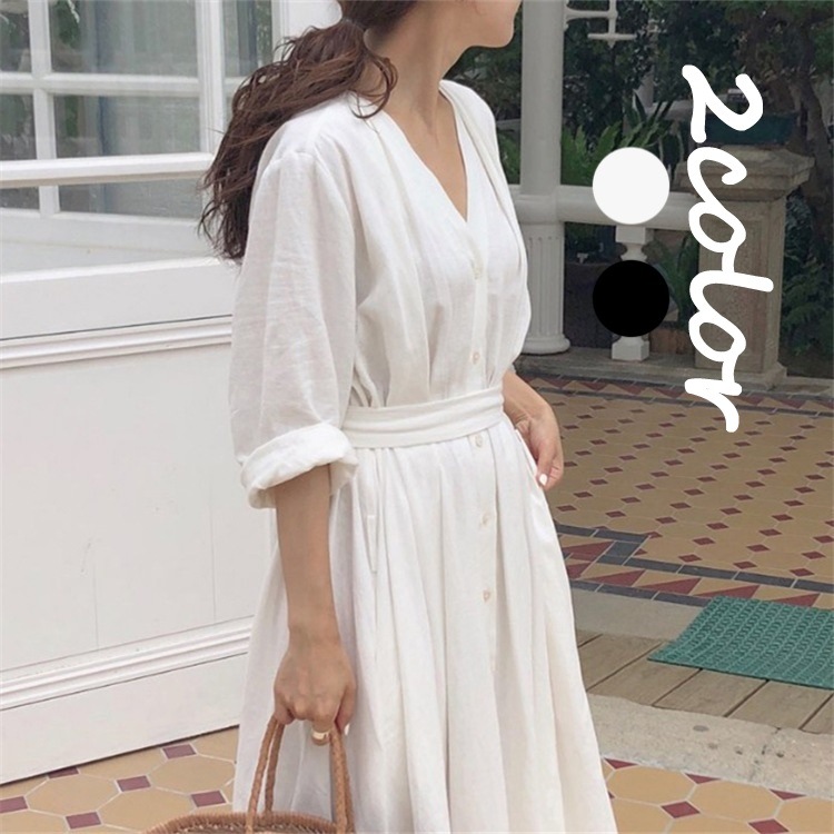 ワンピース レデイース 独特の素材 40代 春夏 長袖 Vネック ベルト ロング丈 2色 きれいめ ゆったり 通勤ワンピース おしゃれ 韓国風 大人 カジュアル