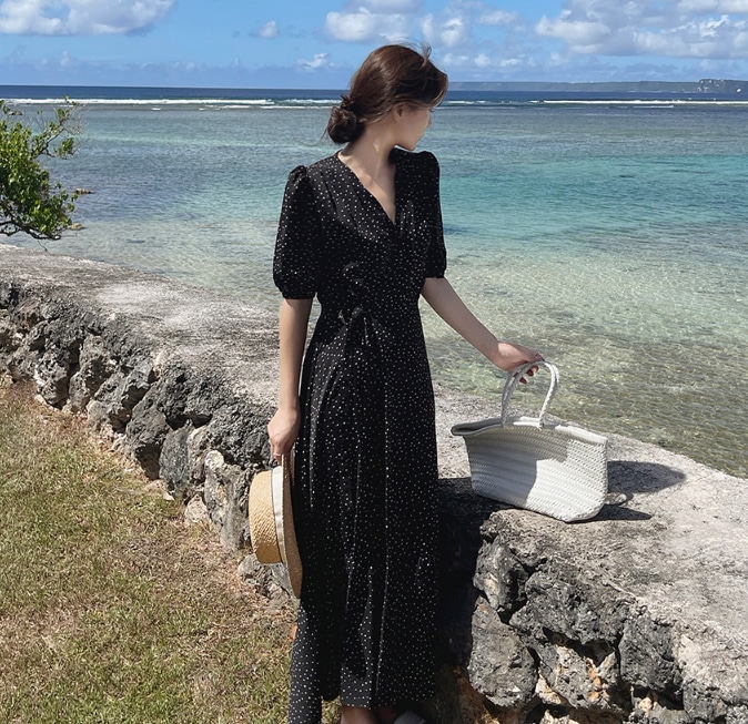 韓国細く見える！ブラック ドット シフォン ロング ワンピース