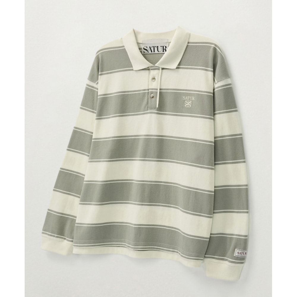 SATUR ラグビーストライプピケロングスリーブカーキ