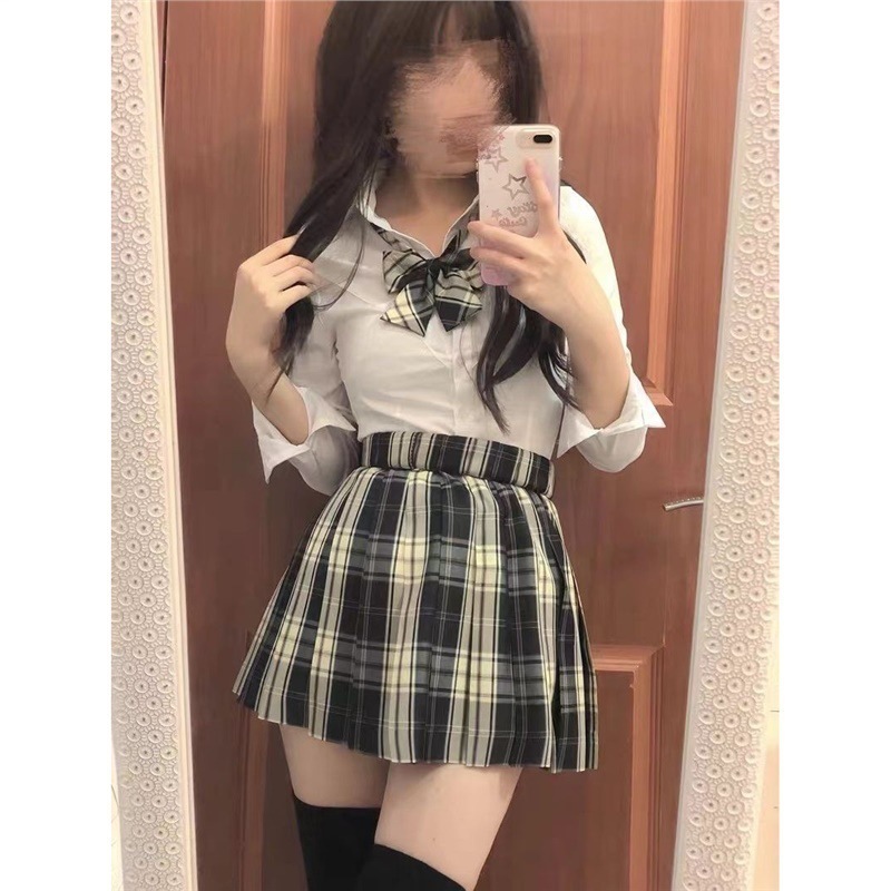 【1つ買うと10つ無料】大学スタイルjkユニフォームスーツ白い長袖シャツの女性春と秋の格子縞のスカート2ピースセット