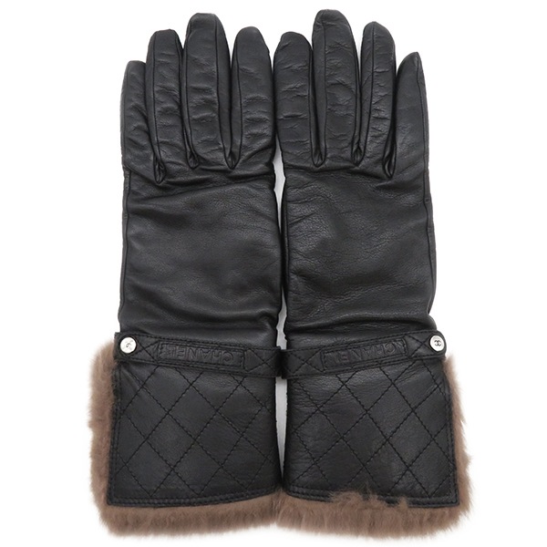 シャネル CHANEL 手袋 マトラッセ ファー グローブ レザー カシミヤ ブラック ＃7 1/2 シルバー金具 黒 茶 【箱】【中古】