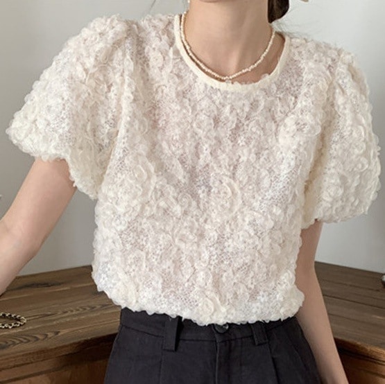 半袖パフスリーブレースブラウス 半袖パフスリーブレーストップス 高見えトップス 高見えブラウス 上品トップス きれいめトップス きれいめブラウス 高見え ブラウス レース パフスリーブブラウス