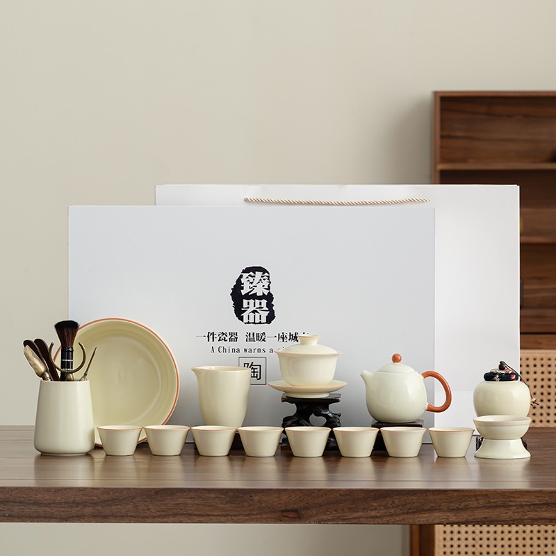 日本式シンプル純色黄汝窯カンフー茶器開錠急須茶碗セット家庭用茶碗付き携帯茶器