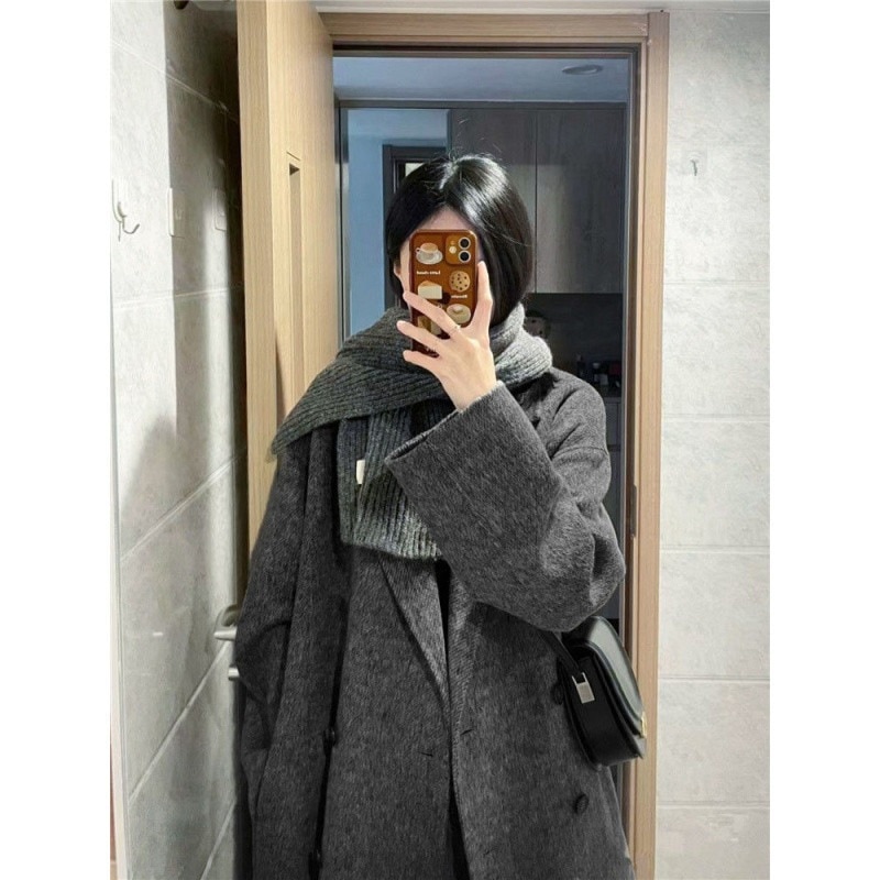 女性用ウールコートダークグレーベルベットと厚みのあるコートスリムで怠惰なスタイルイン