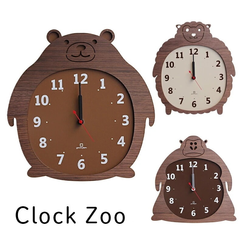 壁掛時計 子供部屋 子ども リビング 掛け時計 CLOCK ZOO クロックズー どうぶつ 動物モチーフ 時計 アニマル くま ひつじ ゴリラ かわいい 可愛い ウォールナット シンプル