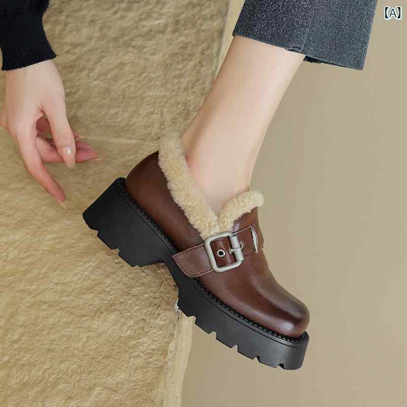 ローファー レディース 学生 カレッジ 通学 通勤 秋冬 牛革 厚底 女性 ベルベット 厚手 ヒール ラム ヘア 深口 シングル シューズ 女性 毛皮 靴