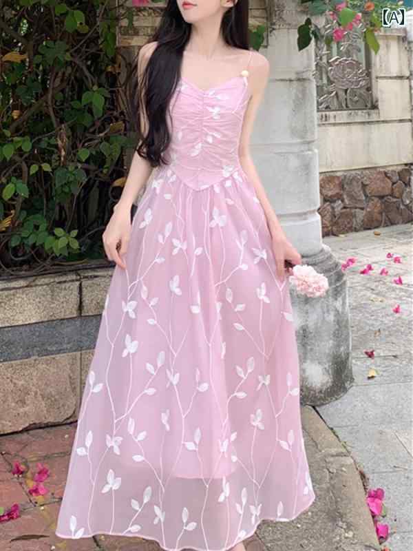 レディース ファッション ガールズ ワンピース フレンチ Vネック 新緑 花 刺繍 サスペンダー スカート 夏 大きいサイズ 花柄 シフォン ドレス