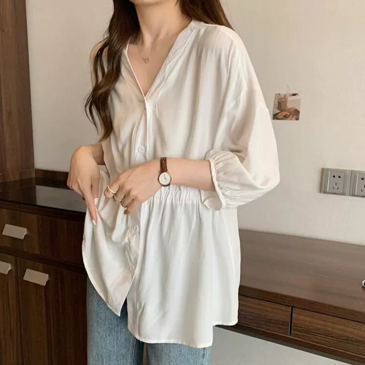 トップス シャツ 半袖 パフスリーブ ドロップショルダー Vネック 襟なし セミフレア ウエストマーク 前開き 薄手 かわいい 大人可愛い きれいめ シンプル 大人 上品 おしゃれ お洒落 大人可愛い