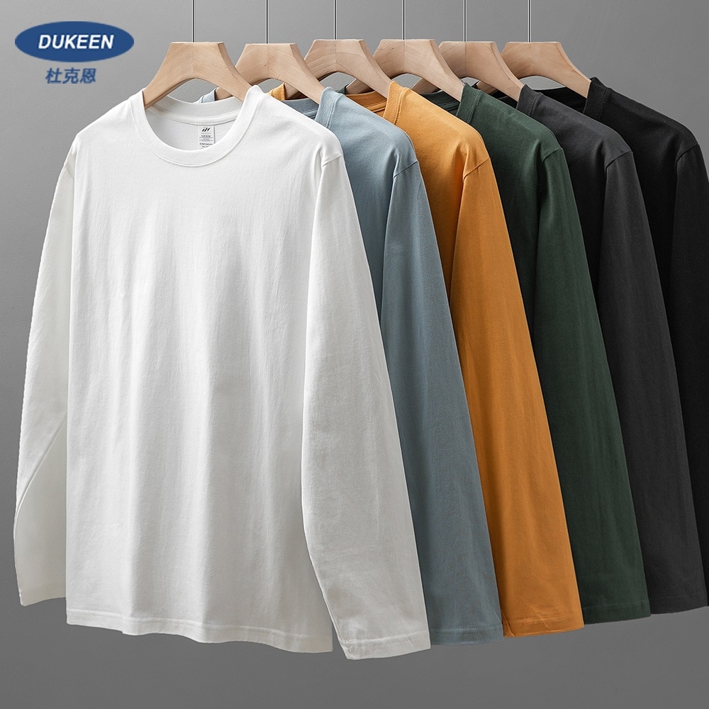 210g ヘビーコットン 長袖 Tシャツ メンズ 春秋 ゆったり ラウンドネック トレーナー ホワイト インナー 重ね着 シャツ