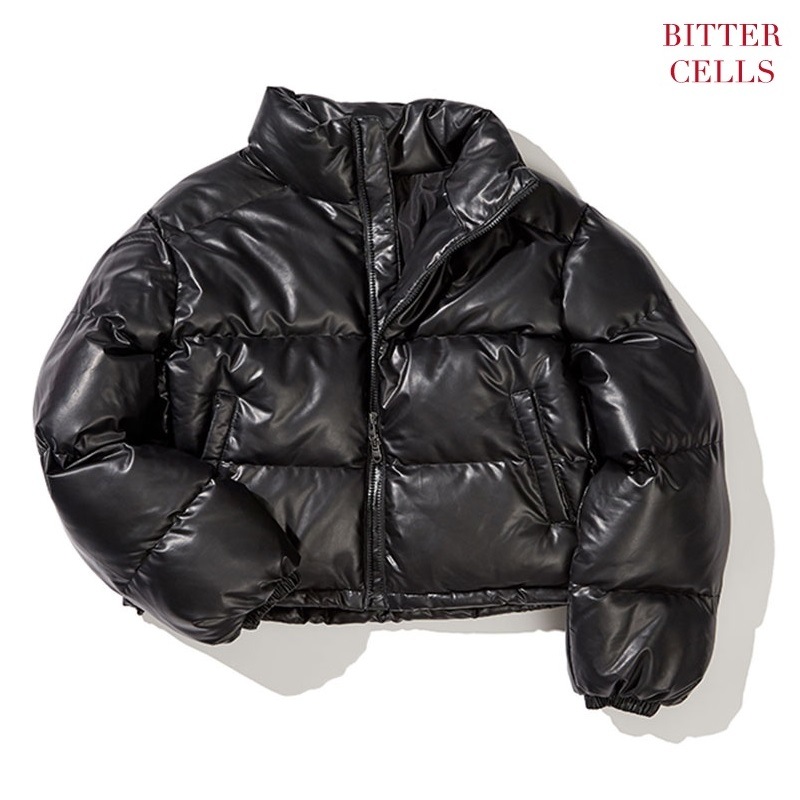 Eco Leather Puffer Jacket- Black 女性服 冬のファッション 防寒用品 新商品 韓国人気 肝節期 カップルアイテム 韓国ファッション