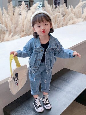 女の子 秋 スーツ 二点セット 2021 新型 韓国版 洋風 ネット赤 子供 赤ちゃん デニム コー