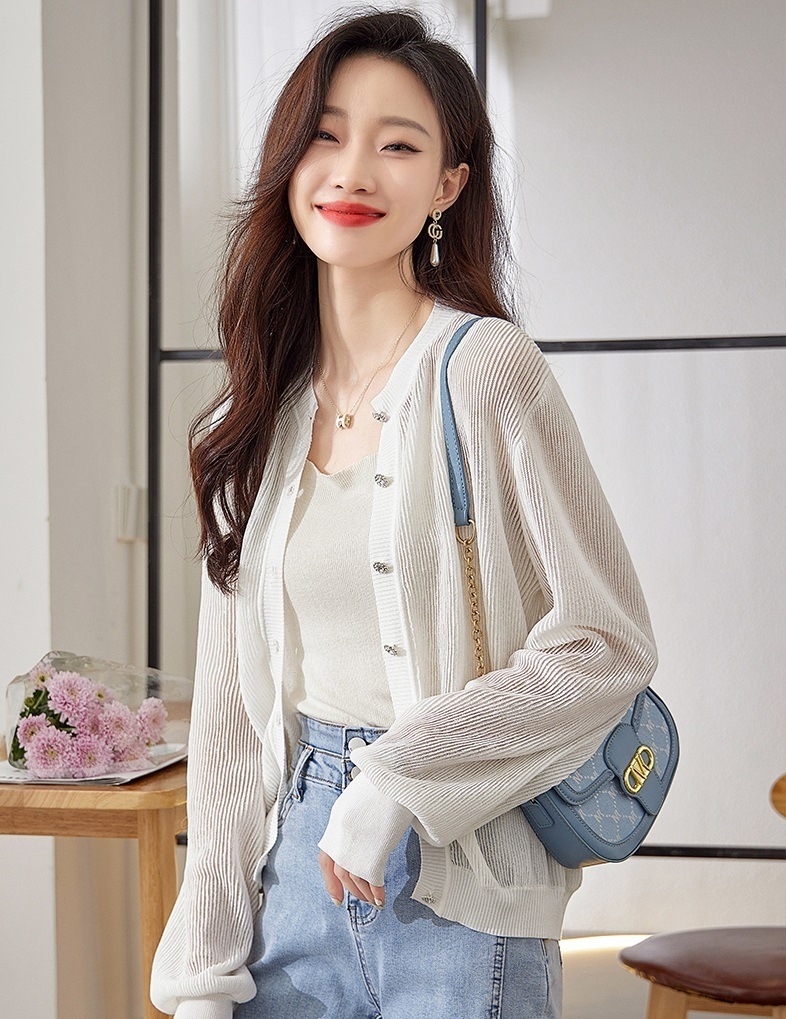 夏 エレガント 薄手 無地 長袖 ニット カーディガン アウター 韓国 レディース トップス ブラック ホワイト グリーン M L XL XXL トップス 袖あり かわいい 大人可愛い きれいめ