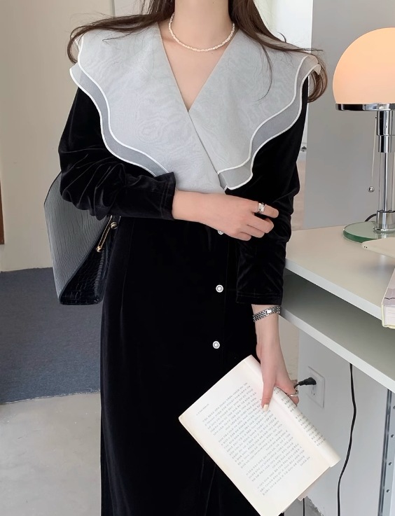 レディース ワンピース ロング マキシ 襟付き ビッグカラー スリム 細身 ストレート Iライン シフォン かわいい 大人可愛い きれいめ 上品 おしゃれ レトロ ラフ ガーリー 個性的 クール