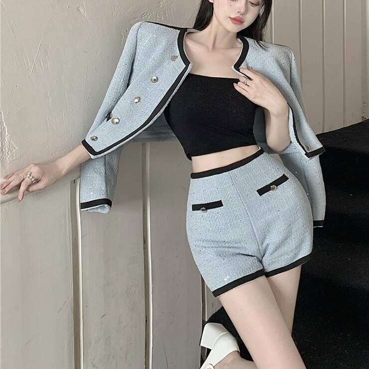 セットアップ レディース 上下セット スーツセットアップ ツーピース レトロジャケット ショートパンツ 2点セット 長袖 ジャケット トップス ショート丈 パンツ バイカラー 大人可愛い きれいめ