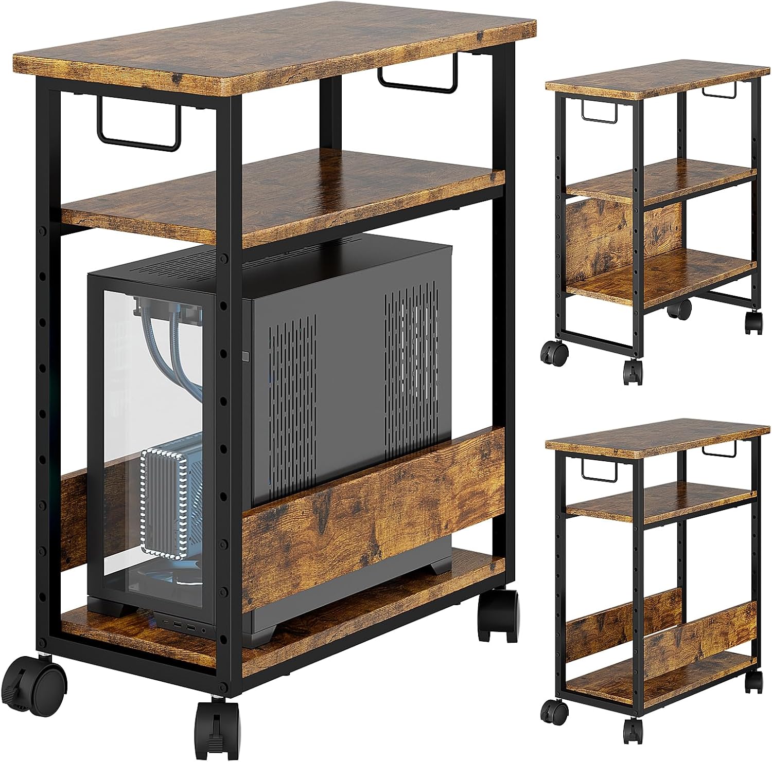 パソコンワゴン PCワゴン 複合機ラックワゴン キャスター付き デスクワゴン 棚板高さ調節可能 パソコン収納 木製 デスクサイドワゴン 収納棚 ストッパー付き 移動便利