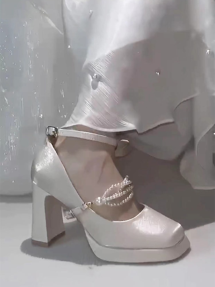 太ヒール防水台女フレンチパールメアリージンチャイナドレスハイヒール宴会敬酒服靴厚底婚靴神器