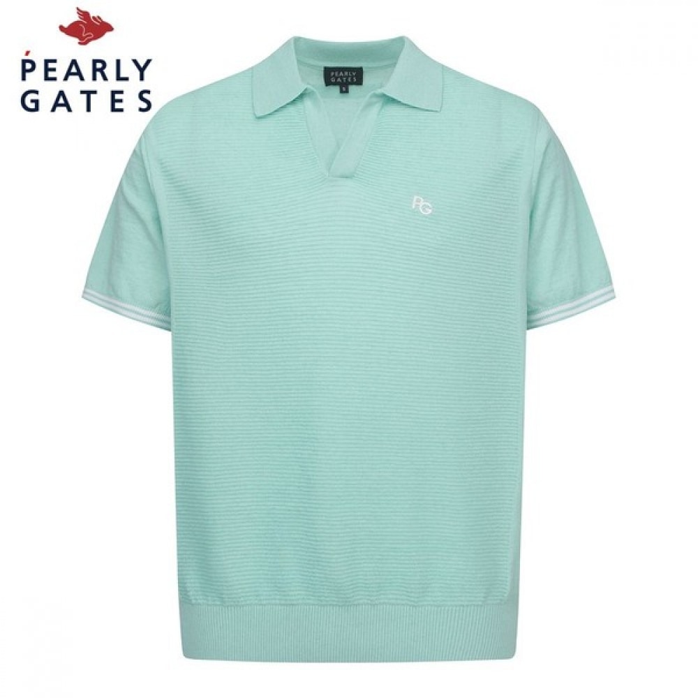 (Paris Gates) メンズロゴ刺しゅう入りリブ付き半袖襟Tシャツ