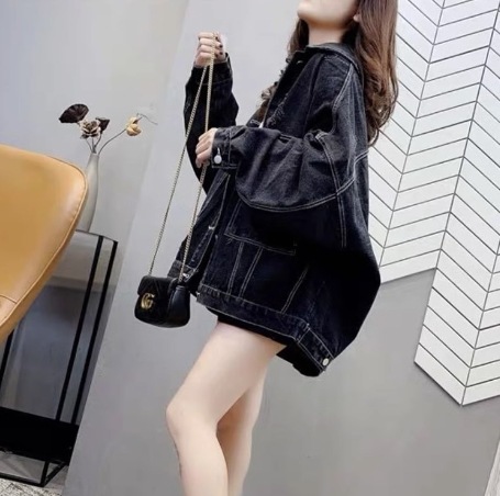 アウター Gジャン 長袖 ドロップショルダー 襟付き デザイン ボタン ビッグシルエット ウエストゴム 美ライン ニュアンス デニム ブルーデニム カラーデニム カラバリ リラックス かわいい