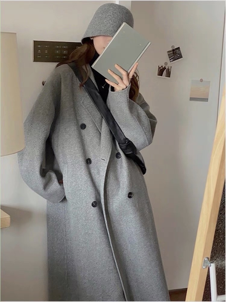 リトルラッキー2021年秋冬両面カシミヤコートレディースウールコートアルパカウール韓国版ロング