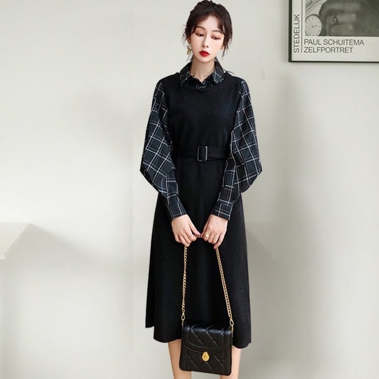 ワンピース フレアワンピース 膝下 ミモレ ミモレ丈 袖あり 長袖 Vネック Aライン ベルト ウエストマーク 切り替えデザイン ドッキング かわいい 大人可愛い カジュアル おしゃれ お洒落