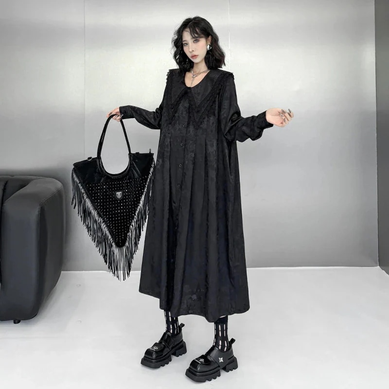 エレガント シャツワンピース 女性 ゆったり ロング ドレス