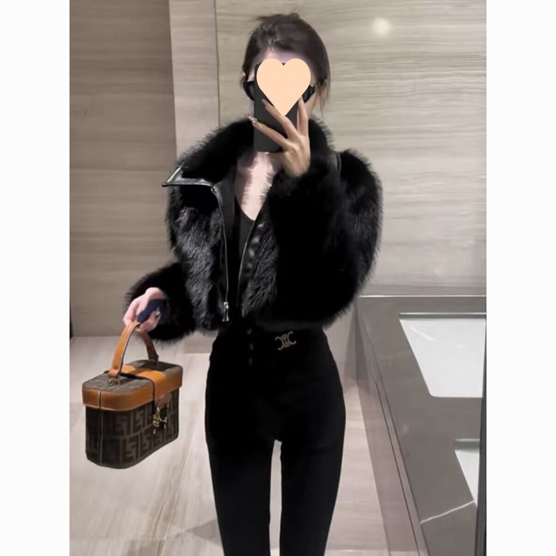 秋冬の新作バイクスタイルホットガール甘くてクールなショートファッショントップレディースパッチワークフェイクファー環境に優しいレザージャケット