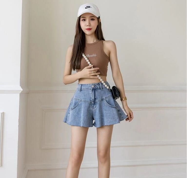 ワイドデニムパンツハイウエストスリムデニムスカート小柄洋風デニムスカートショート丈