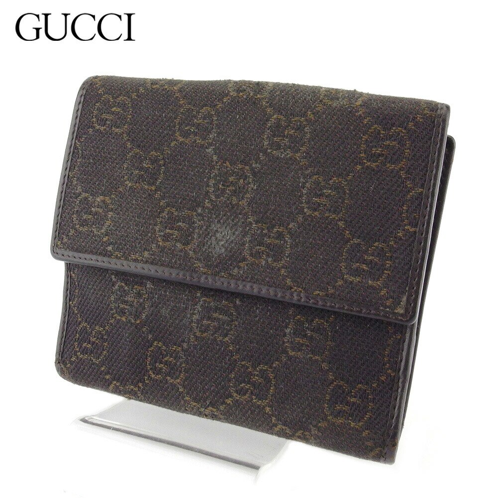 Wホック 財布 二つ折り GGキャンバス メンズ ブラウン ベージュ シルバー 中古