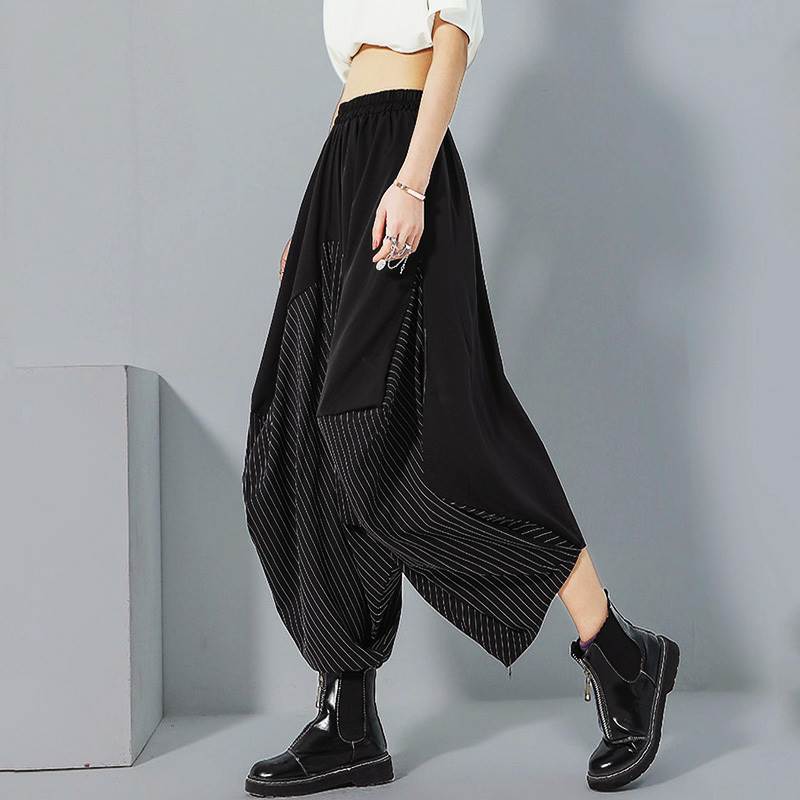 パンツ レディース ワイド 個性的 7分丈 無地 ストライプ 春 夏 秋 黒 ML XL 2XL カジュアル ナチュラル シンプル 普段使い 着回し 運動 ヨガ ウエストゴム ハイウエスト きれいめ