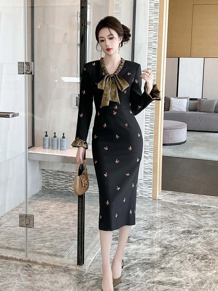 蝶刺繍 秋冬 リボン レトロ ドレス パーティー キャバ 大人 同窓会 披露宴 卒業式 結婚式 成人式 ウェディング 二次会