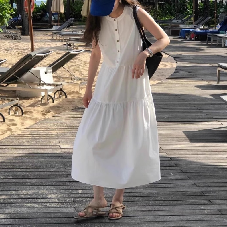レディース スカート ワンピース ドレス ロングスカート ロング 袖なし ノースリーブ ラウンドネック 襟なし ワイド ボタン 薄手 かわいい 大人可愛い きれいめ シンプル カジュアル 上品