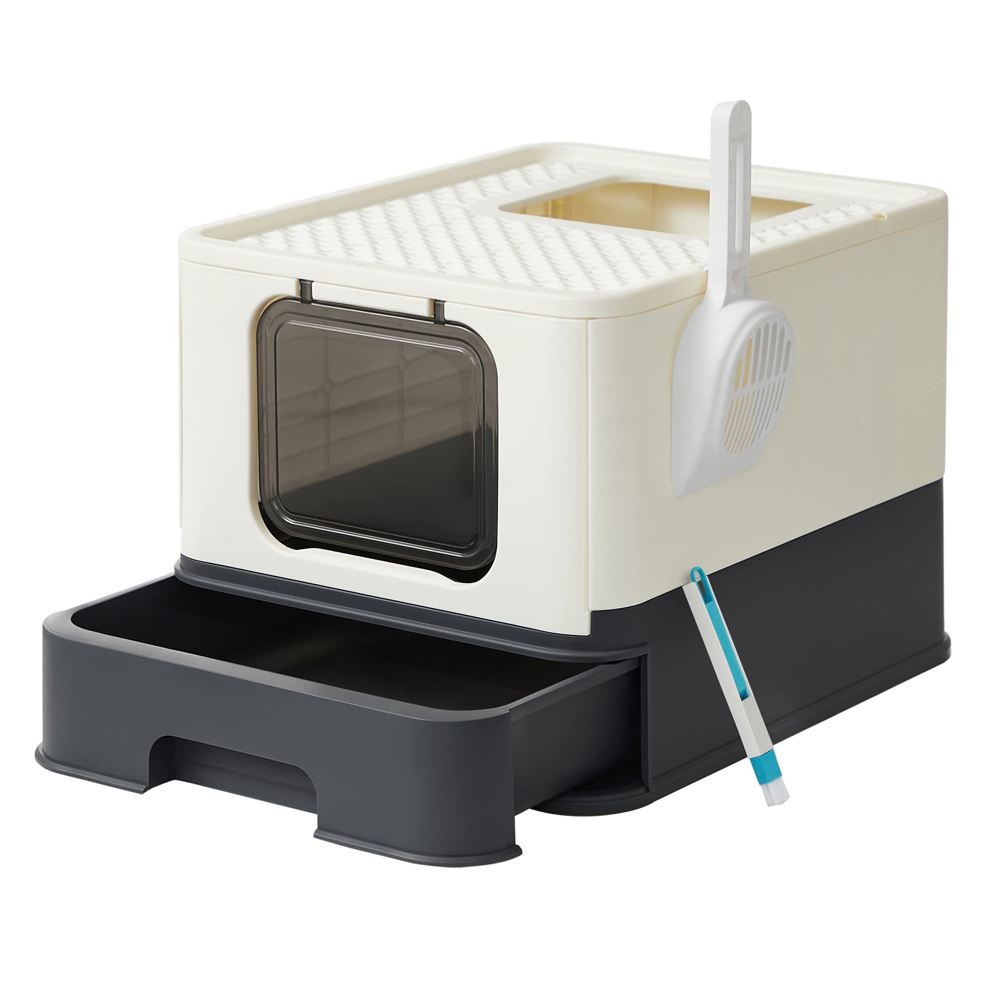 FEANDREA 猫トイレ 大型 スコップ付 飛散防止 漏れ防止 掃除簡単 2WAY出入り方法 大容量 折畳式 組み立て簡単 猫トイレ 消臭 54.3×42.5×37.8cm PPT001W01