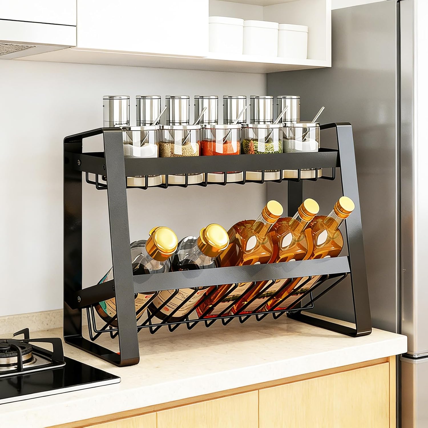 炭素鋼製滑り止め付き2段調味料ラック 大容量省スペースで組み立て簡単