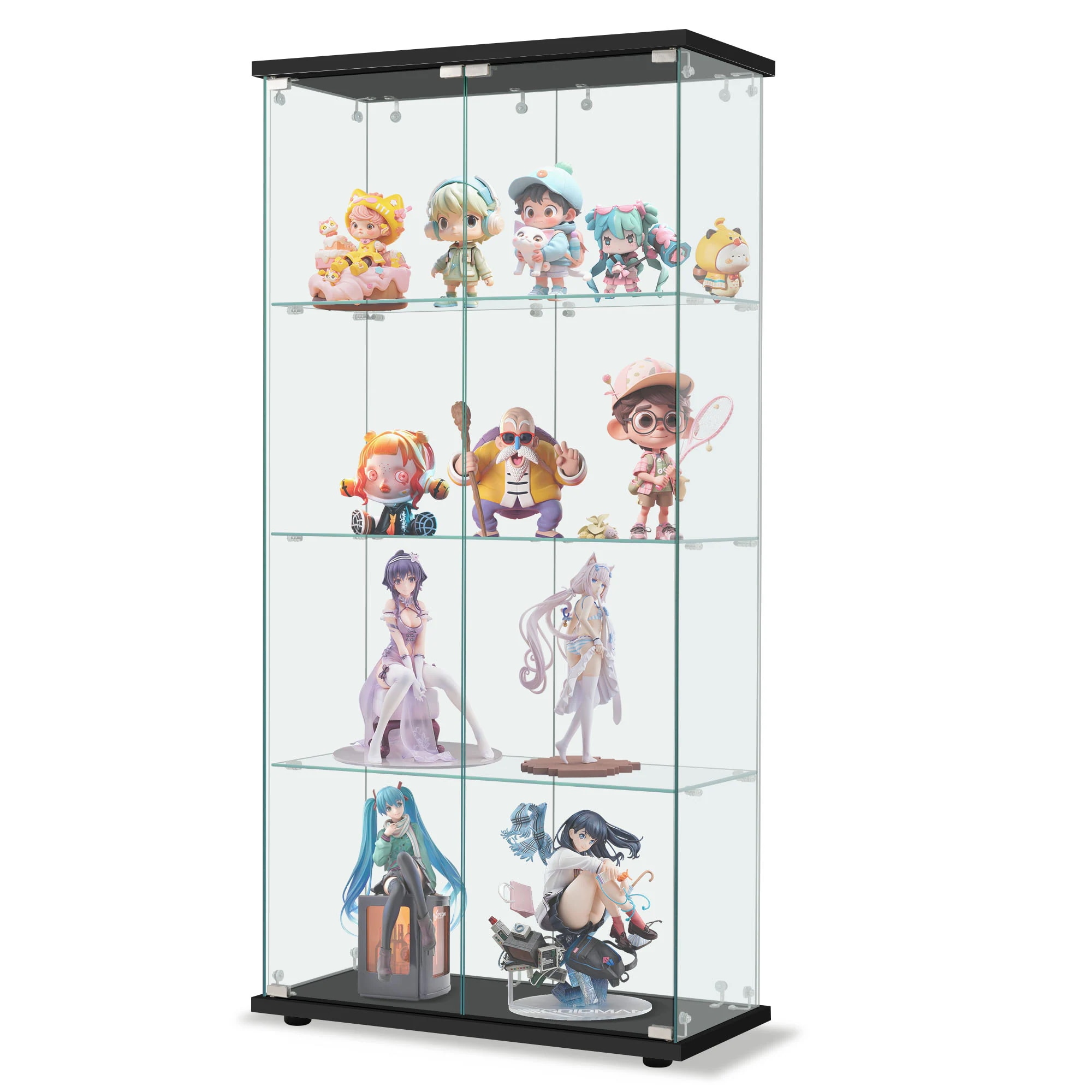 【急速出荷!】コレクションケース 両扉タイプ 大型 ワイドタイプ ガラスディスプレイキャビネット フィギュアケース 4段 強化ガラス 全面ガラス サイズ:幅80.5×奥行36.5×高さ164cm ブラ