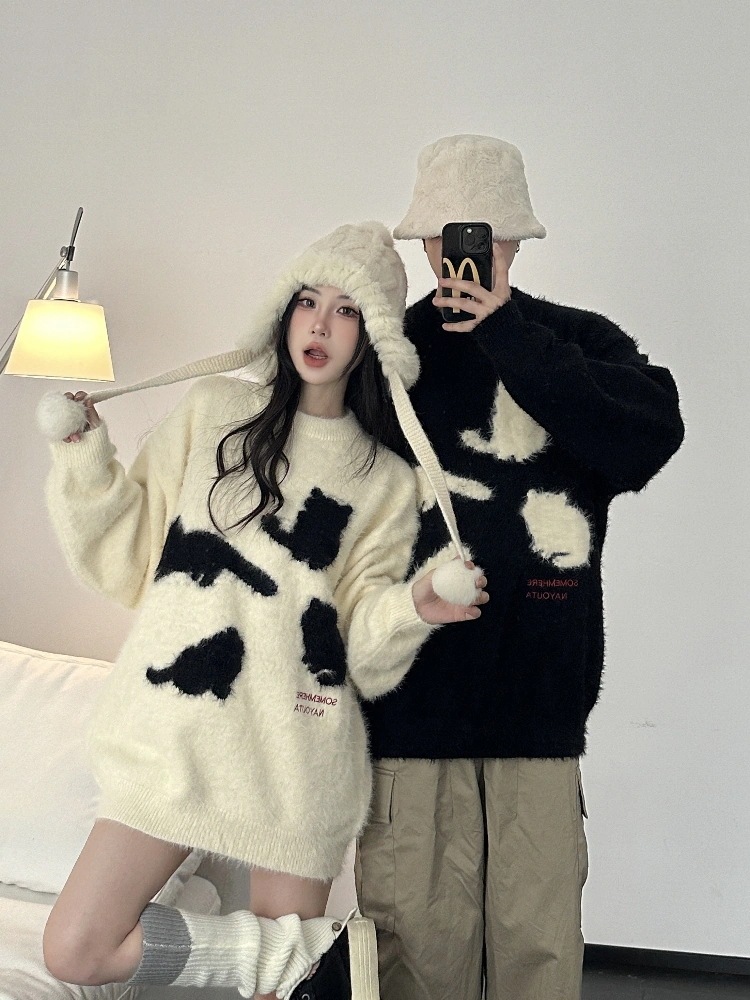 最安値に挑戦！2026 秋冬 暖かいブルオーバーニット プリントデザイン厚手防寒 韓国っぽトップス長袖 ストリートシルエットファッションゆるかわ風配色 あったか女っぽカジュアル大人サイズゆったりレディ