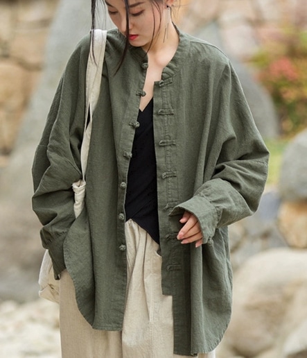 チャイナ風 レディース トップス シャツ 羽織 ロング 丈長 長袖 ボリューム袖 袖ボタン 襟なし ワイド 大人可愛い シンプル カジュアル おしゃれ かっこいい ラフ メンズライク ボーイッシュ 5,022円