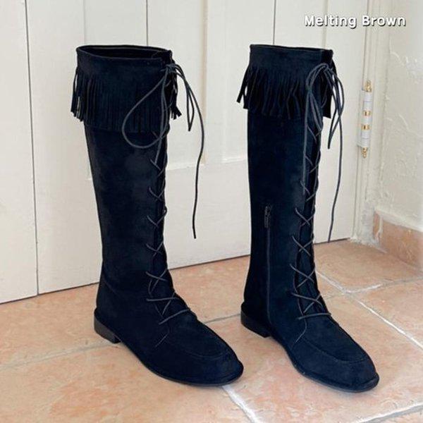 女性スエードブーツ レースアップ ロングブーツ K63